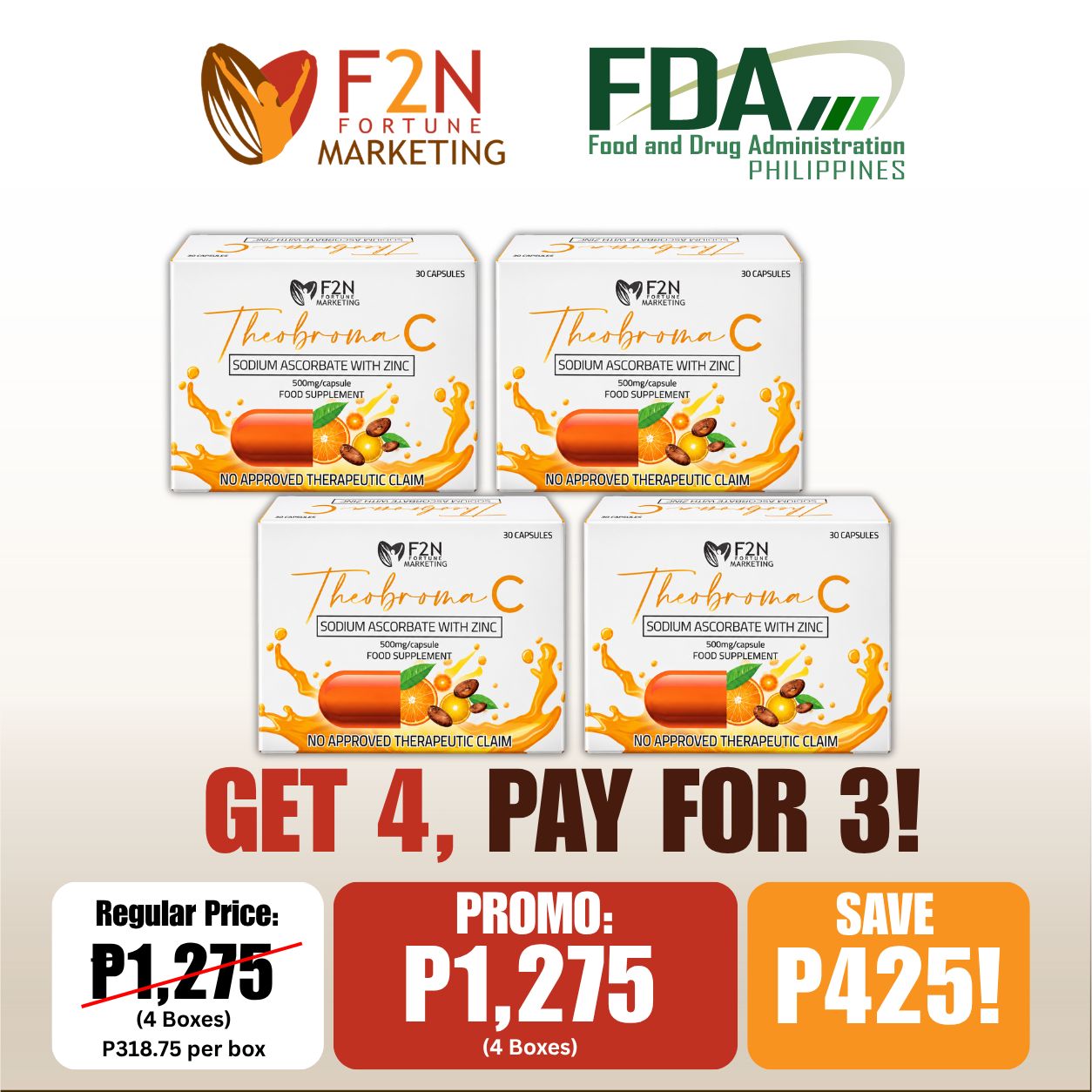 GET 4, PAY FOR 3! Theobroma C (Sodium Ascorbate with Zinc + Theobroma)