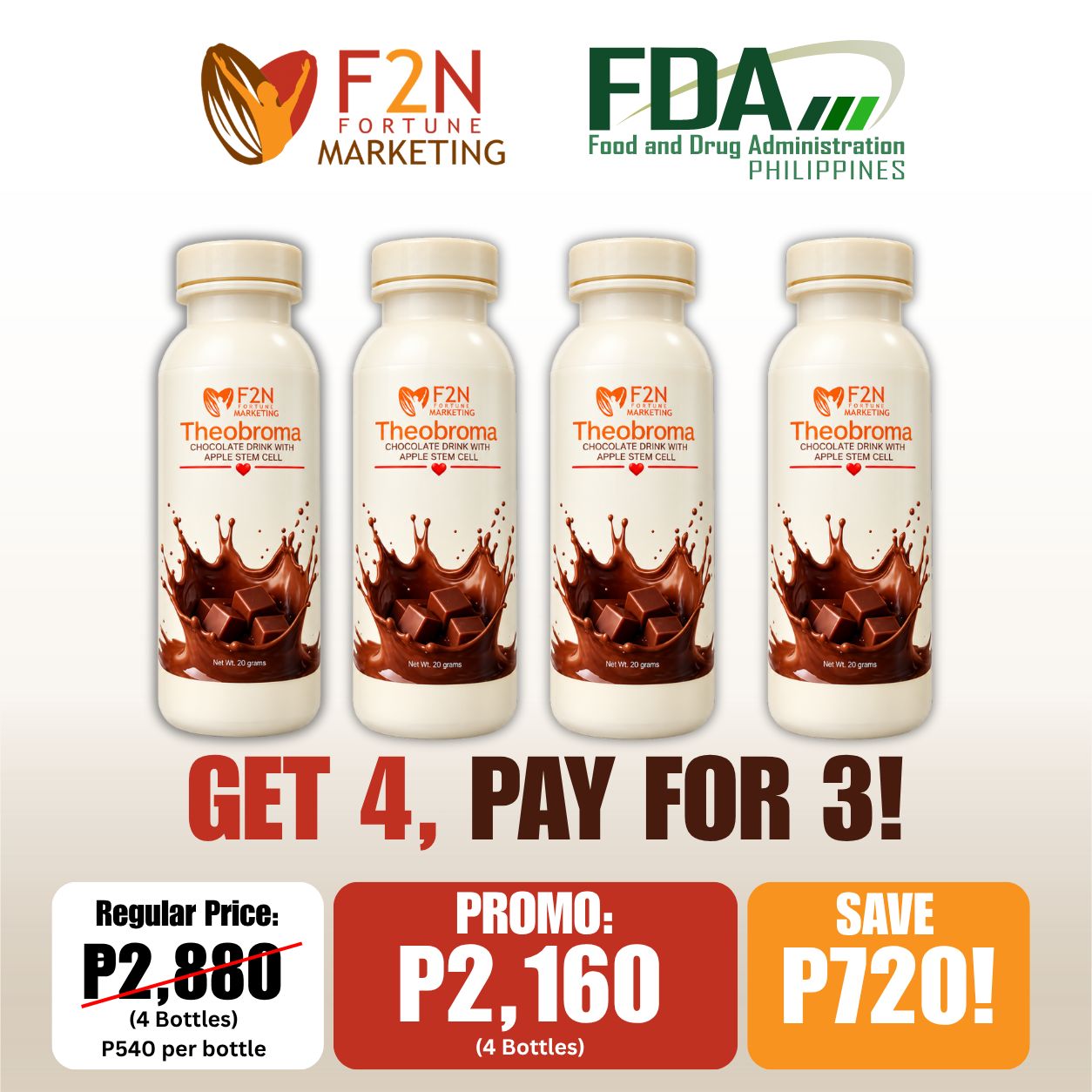 GET 4, PAY FOR 3! Theobroma Chocolate Drink with Apple Stem Cell